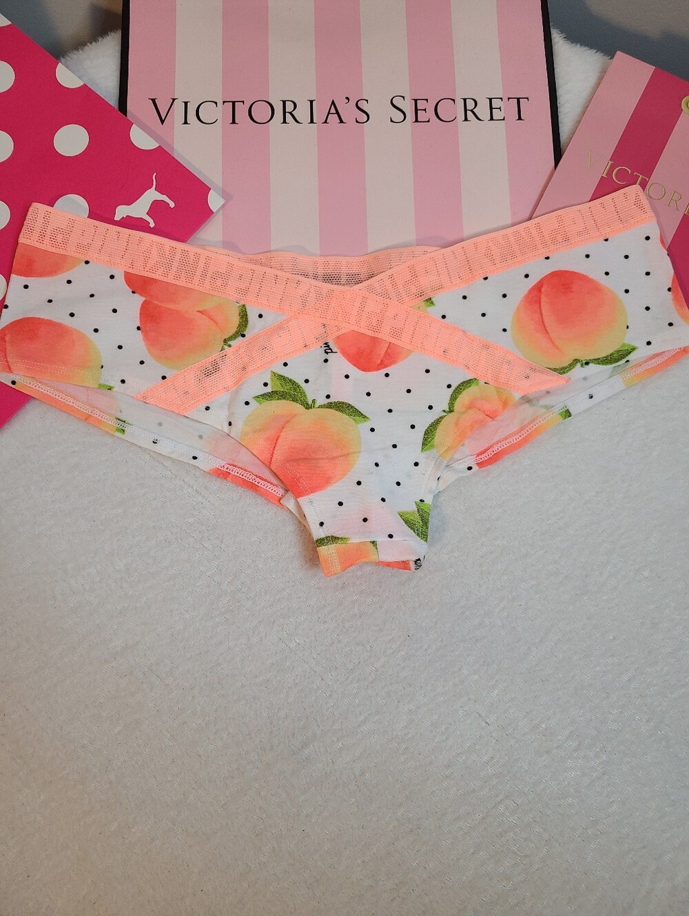 Retired VS PINK Logo Mesh Trimmed Cotton Cheekster Panty Size Lg Peachy